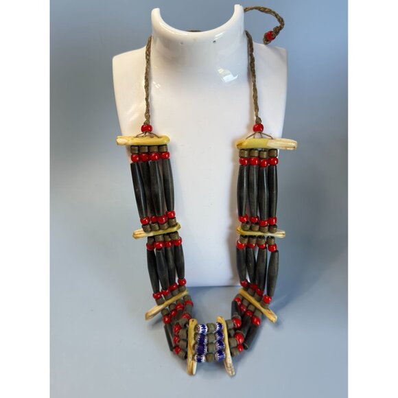 African Tribal Buffalo Bone & Murano Beads Necklace 22" Multi-Strand Handmade Et - Picture 1 of 7